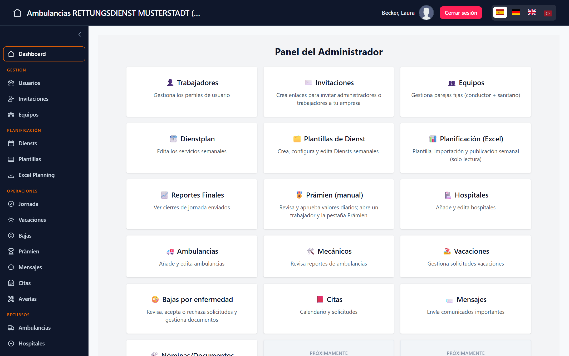 Admin dashboard with module cards for workers, teams, shift planning, absences and resources