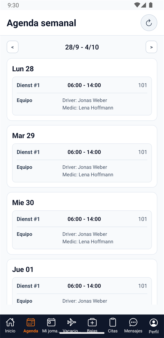 Weekly agenda in the crew app