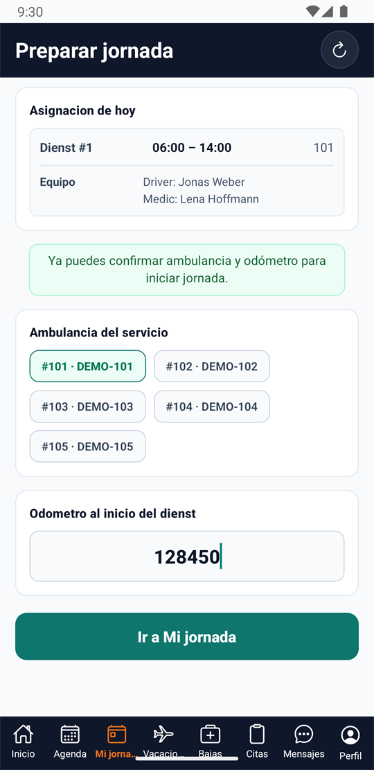 Crew app: starting the workday by choosing the ambulance and entering the odometer reading