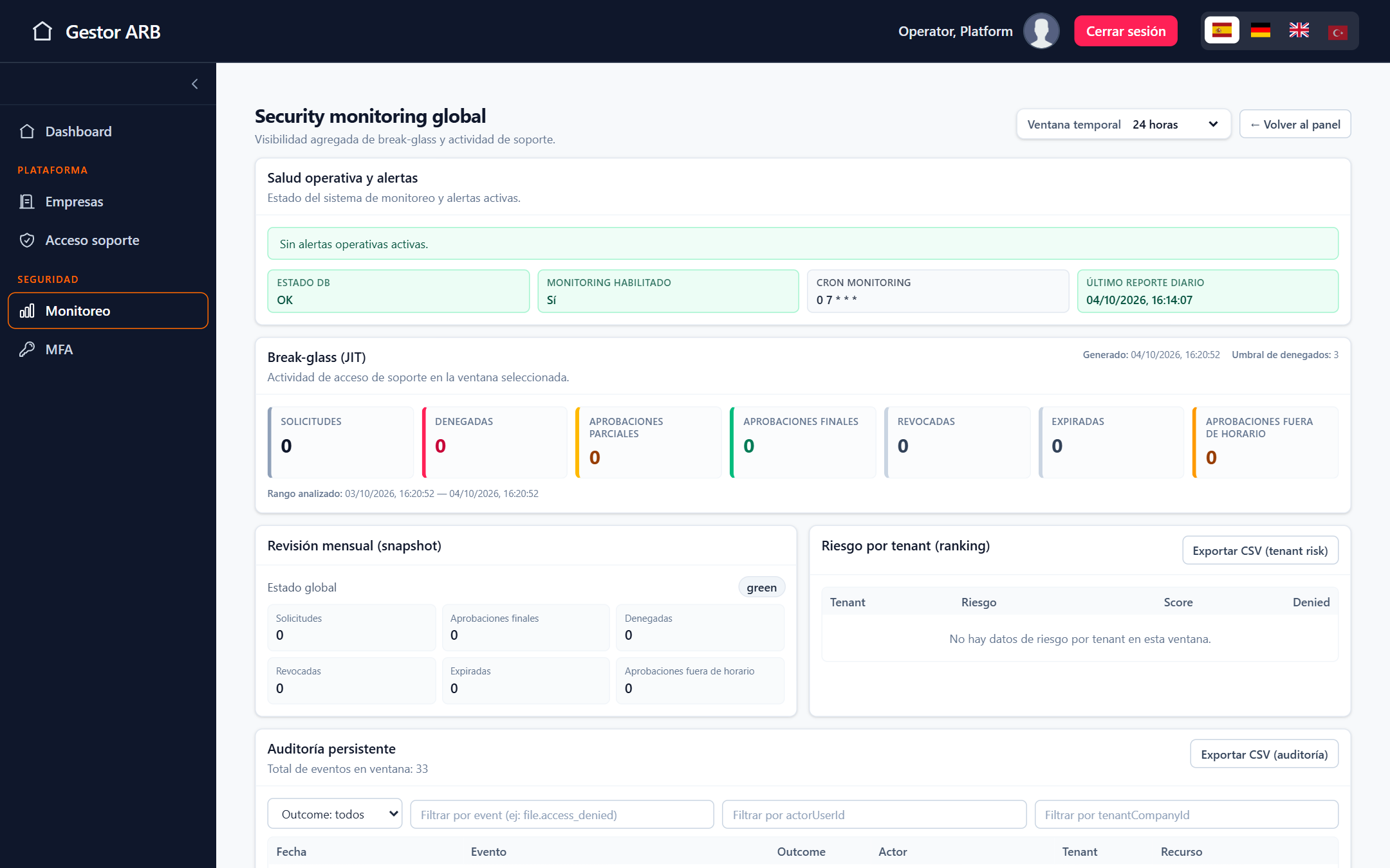 Superadmin security monitoring: operational health, support-access activity and audit log